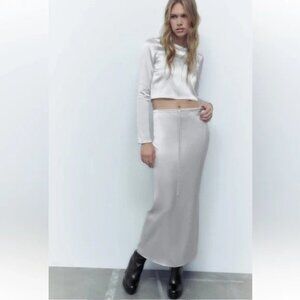 Zara Satin Effect Drawstring Skirt In Pearl Grey